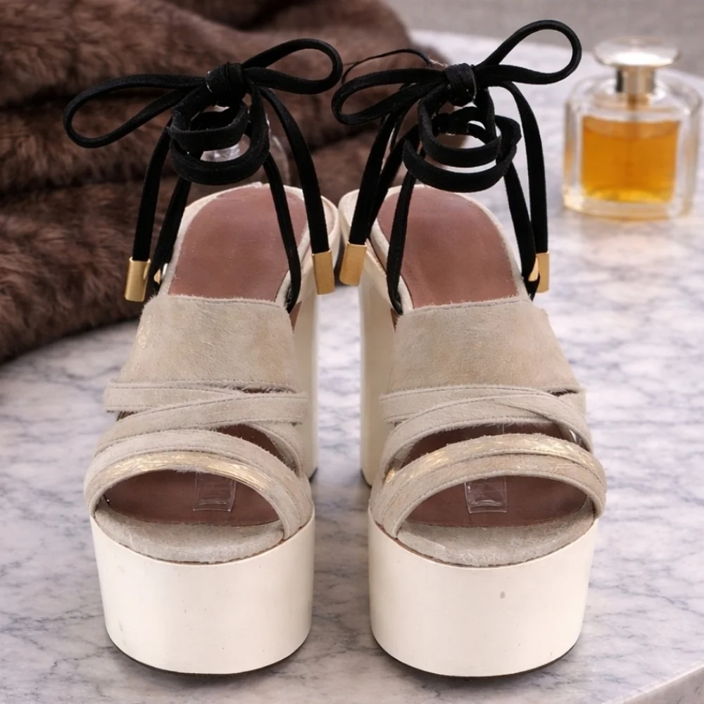 $795/ HAIKI gold platform sandals ankle tie black strap chunky heel size 6.5